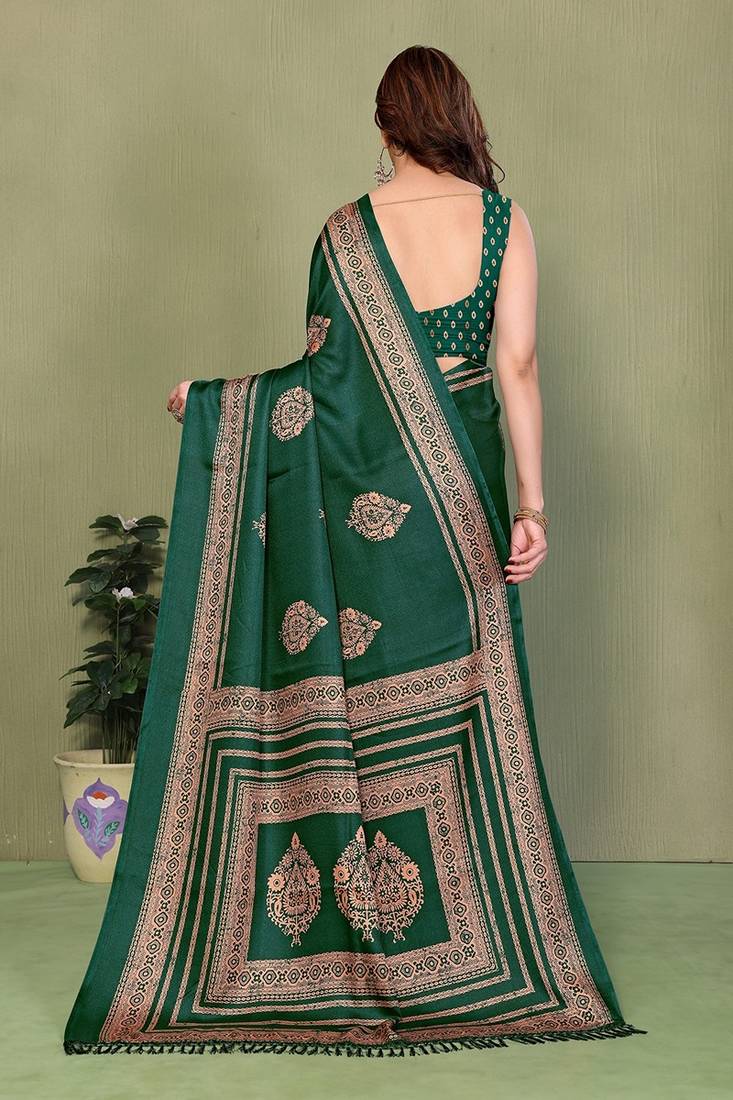 green printed, blocked printed daily wear chiffon, georgette saree with blouse