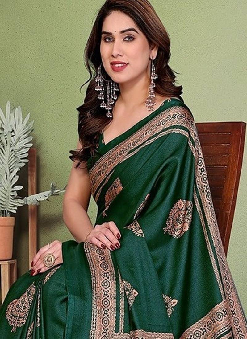 green printed, blocked printed daily wear chiffon, georgette saree with blouse