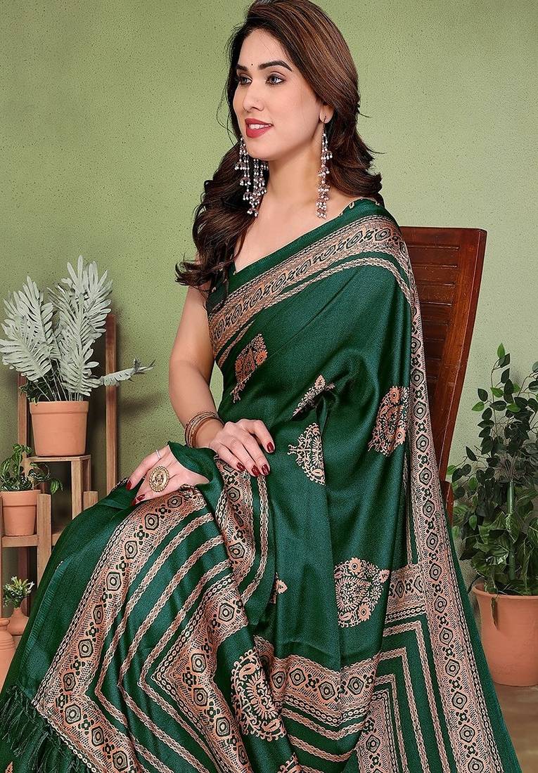 green printed, blocked printed daily wear chiffon, georgette saree with blouse