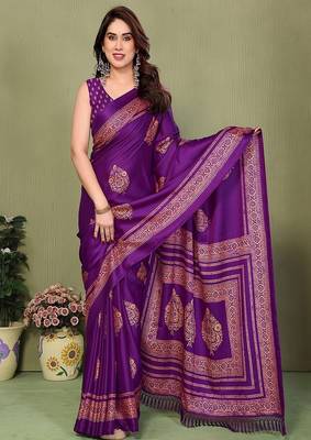 purple printed, blocked printed daily wear chiffon, georgette saree with blouse 1
