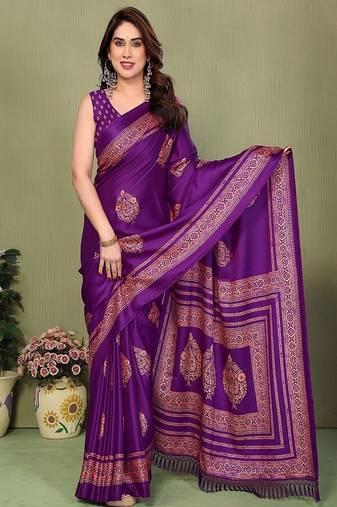 purple printed, blocked printed daily wear chiffon, georgette saree with blouse