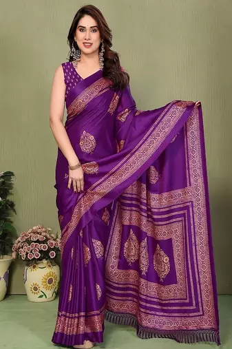 purple printed, blocked printed daily wear chiffon, georgette saree with blouse
