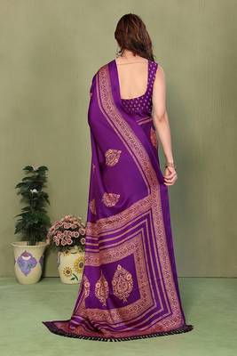 purple printed, blocked printed daily wear chiffon, georgette saree with blouse 2