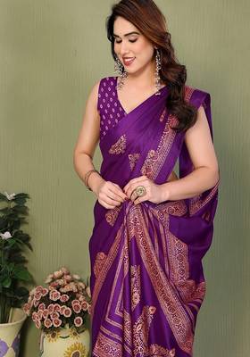 purple printed, blocked printed daily wear chiffon, georgette saree with blouse 4