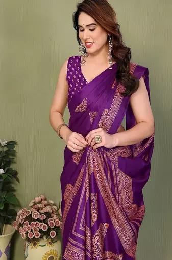 purple printed, blocked printed daily wear chiffon, georgette saree with blouse