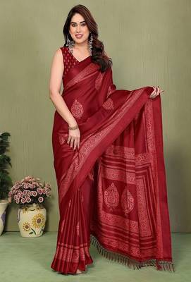 maroon printed, blocked printed daily wear chiffon, georgette saree with blouse 1