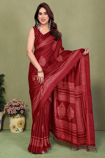 maroon printed, blocked printed daily wear chiffon, georgette saree with blouse