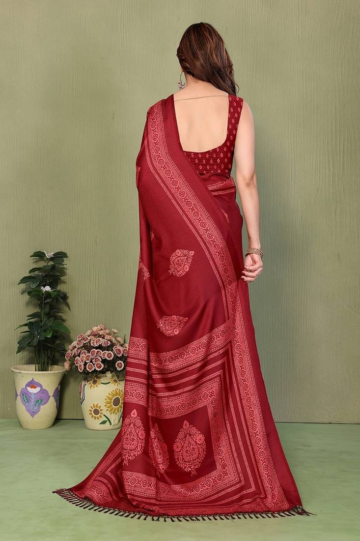 maroon printed, blocked printed daily wear chiffon, georgette saree with blouse