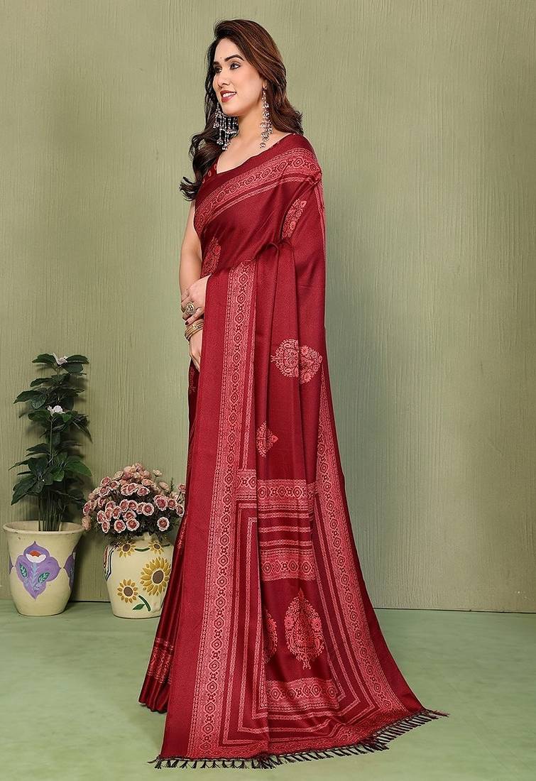 maroon printed, blocked printed daily wear chiffon, georgette saree with blouse