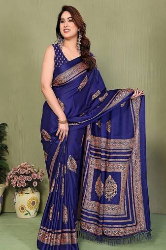 blue printed, blocked printed daily wear chiffon, georgette saree with blouse