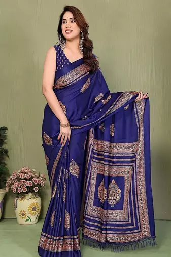 blue printed, blocked printed daily wear chiffon, georgette saree with blouse
