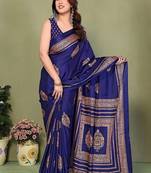 blue printed, blocked printed daily wear chiffon, georgette saree with blouse