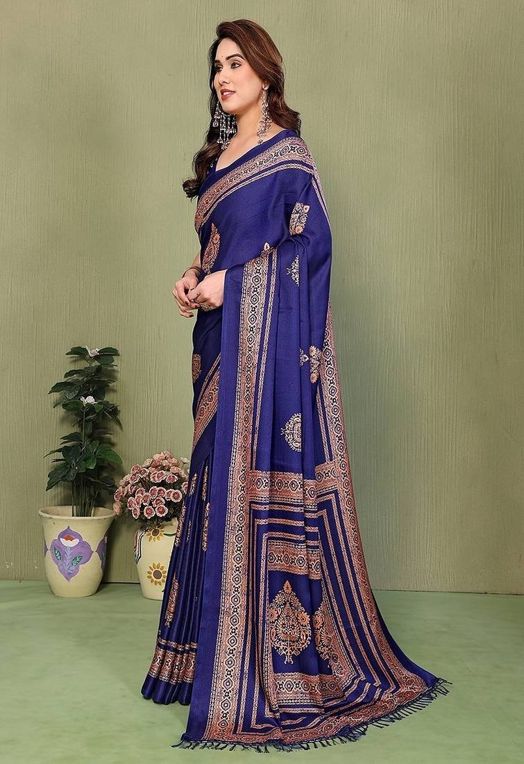 blue printed, blocked printed daily wear chiffon, georgette saree with blouse