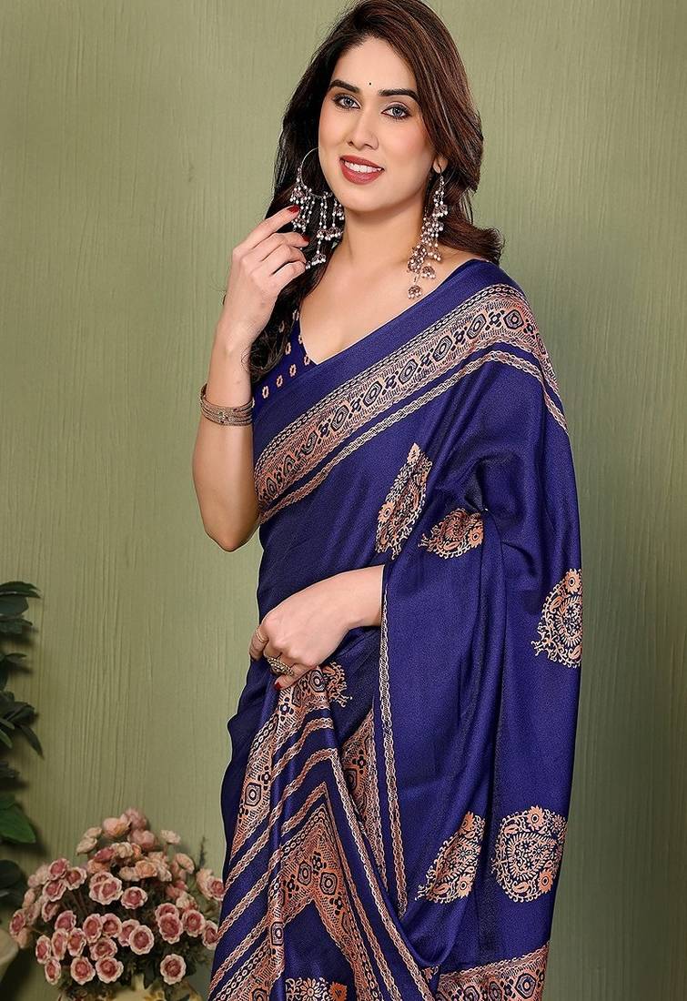 blue printed, blocked printed daily wear chiffon, georgette saree with blouse