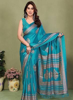 green printed, blocked printed daily wear chiffon, georgette saree with blouse 1