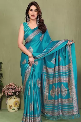 green printed, blocked printed daily wear chiffon, georgette saree with blouse