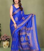 blue printed, blocked printed daily wear chiffon, georgette saree with blouse