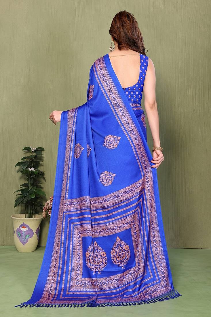 blue printed, blocked printed daily wear chiffon, georgette saree with blouse