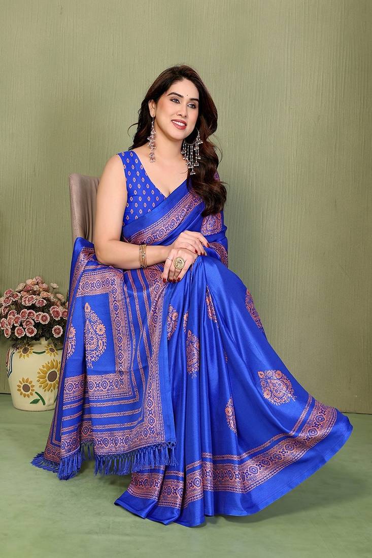 blue printed, blocked printed daily wear chiffon, georgette saree with blouse