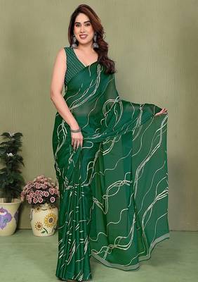 green printed striped leheria chiffon, georgette saree with blouse  1