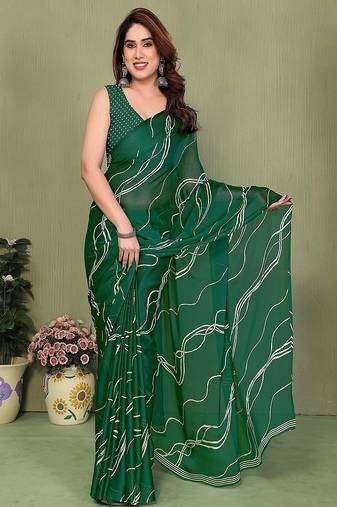green printed striped leheria chiffon, georgette saree with blouse 