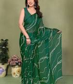 green printed striped leheria chiffon, georgette saree with blouse 