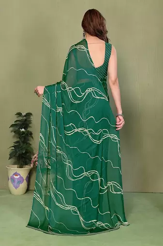 green printed striped leheria chiffon, georgette saree with blouse 