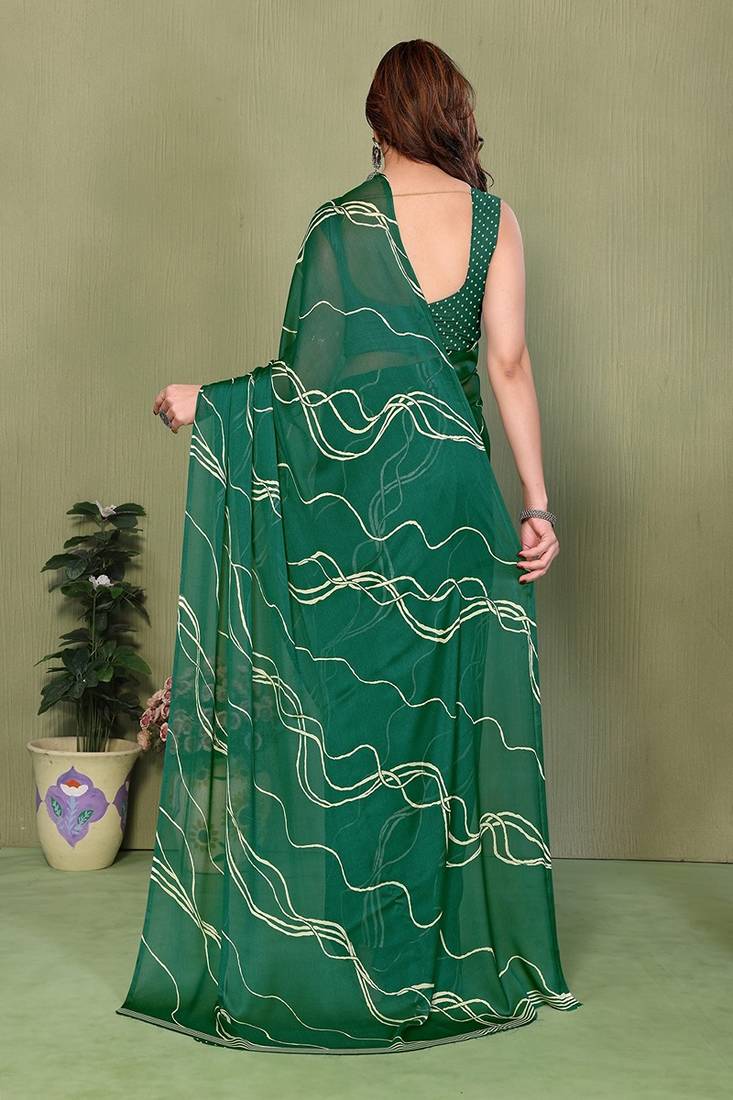 green printed striped leheria chiffon, georgette saree with blouse 
