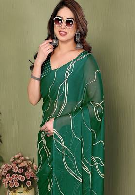 green printed striped leheria chiffon, georgette saree with blouse  4