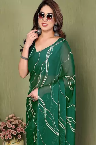 green printed striped leheria chiffon, georgette saree with blouse 