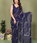 light_navy_blue printed striped leheria chiffon, georgette saree with blouse 