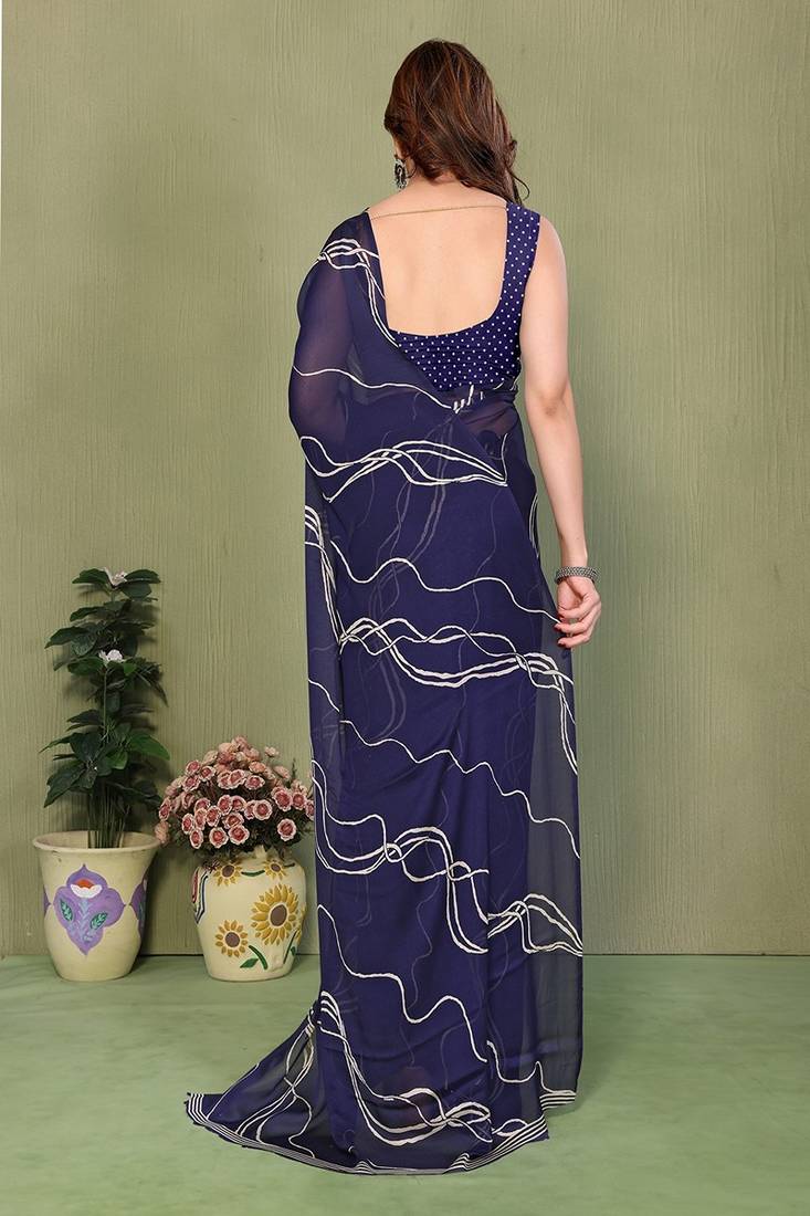 light_navy_blue printed striped leheria chiffon, georgette saree with blouse 