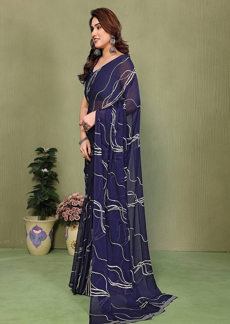 light_navy_blue printed striped leheria chiffon, georgette saree with blouse 