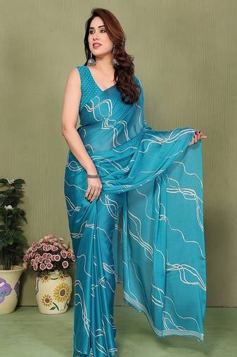 light_sky_blue printed striped leheria chiffon, georgette saree with blouse 