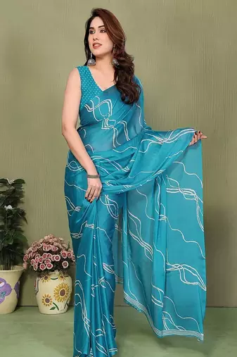 light_sky_blue printed striped leheria chiffon, georgette saree with blouse 