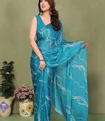 light_sky_blue printed striped leheria chiffon, georgette saree with blouse 