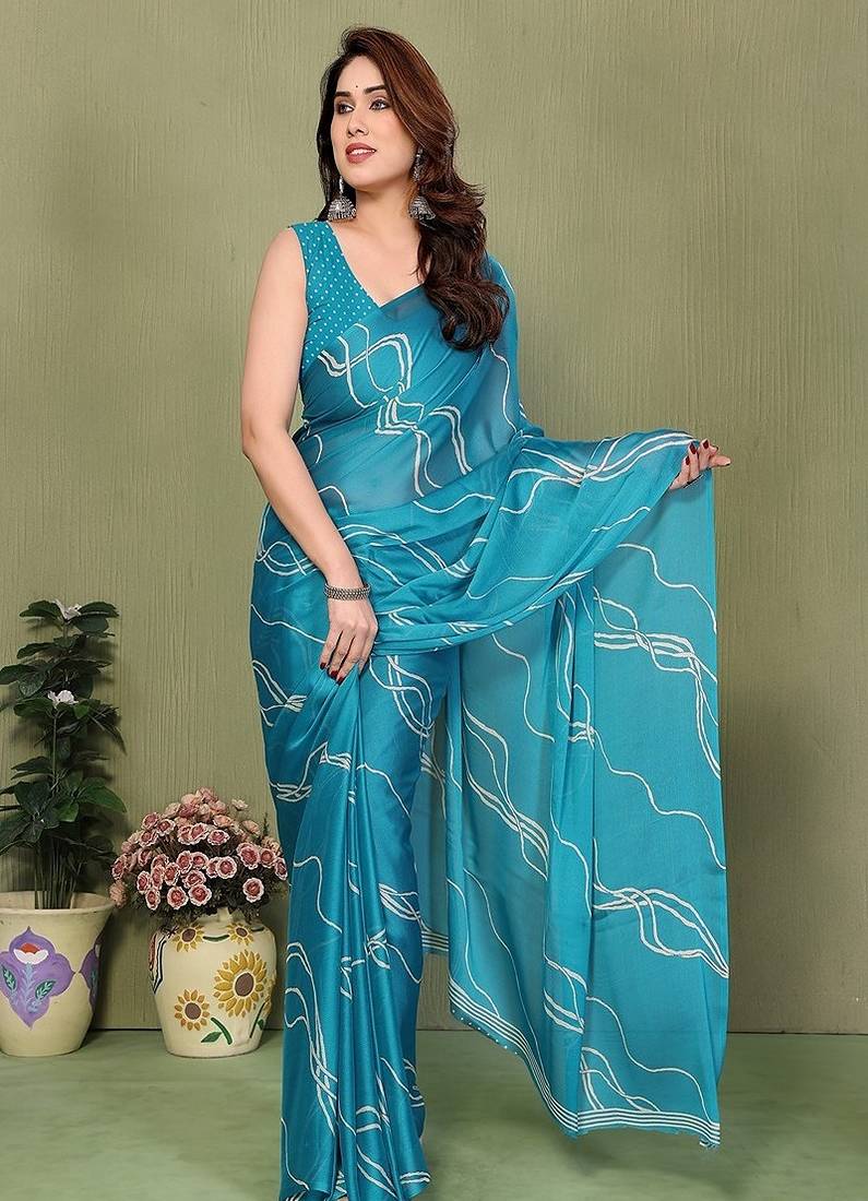 light_sky_blue printed striped leheria chiffon, georgette saree with blouse 