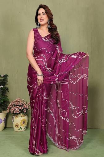 wine printed striped leheria chiffon, georgette saree with blouse 