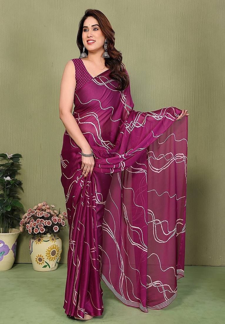 wine printed striped leheria chiffon, georgette saree with blouse 