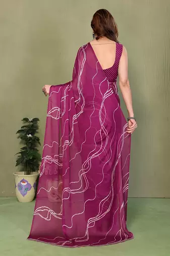 wine printed striped leheria chiffon, georgette saree with blouse 