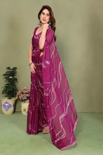 wine printed striped leheria chiffon, georgette saree with blouse 