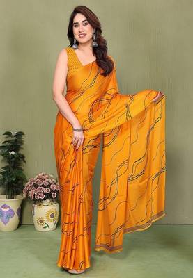 yellow printed striped leheria chiffon, georgette saree with blouse  1