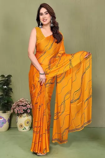 yellow printed striped leheria chiffon, georgette saree with blouse 