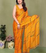 yellow printed striped leheria chiffon, georgette saree with blouse 