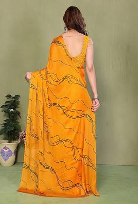 yellow printed striped leheria chiffon, georgette saree with blouse  2