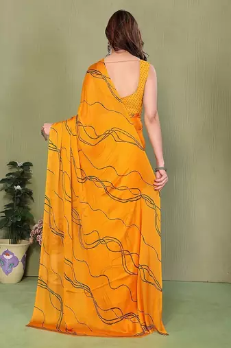 yellow printed striped leheria chiffon, georgette saree with blouse 