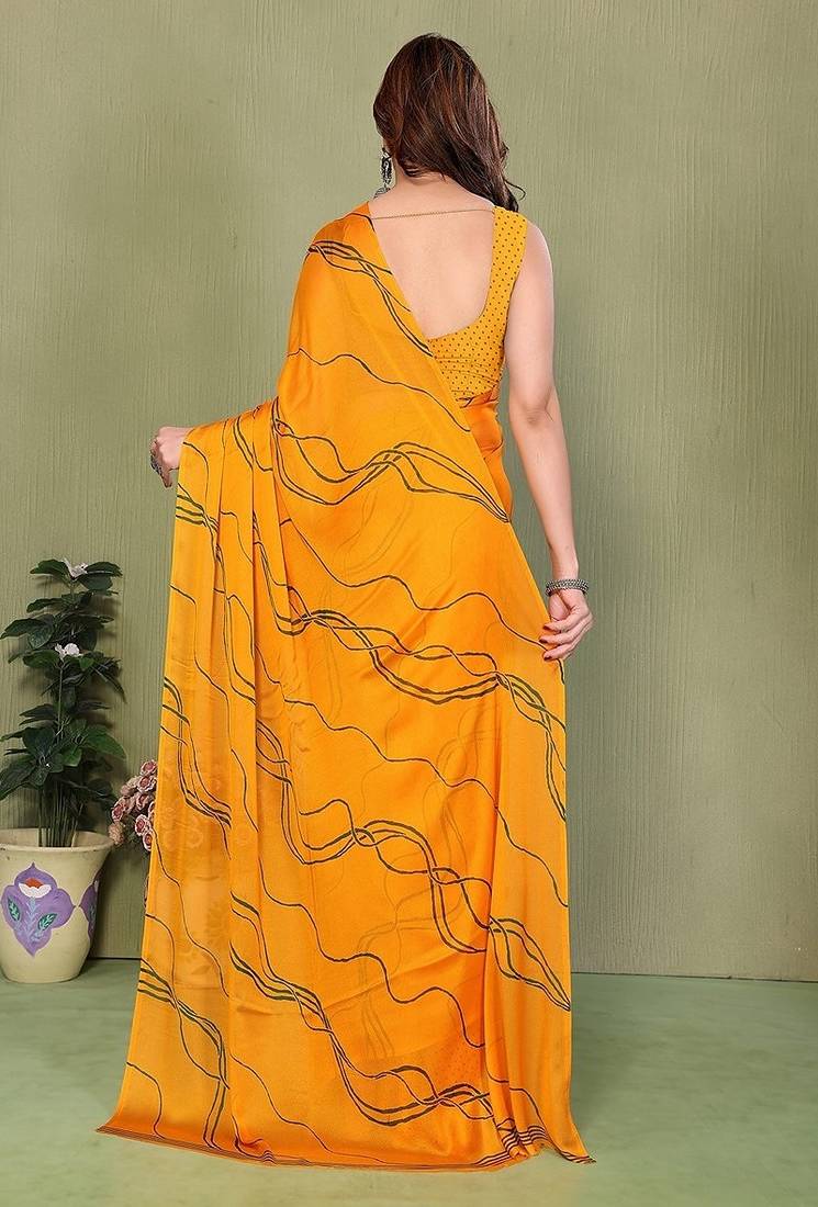yellow printed striped leheria chiffon, georgette saree with blouse 