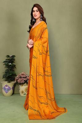 yellow printed striped leheria chiffon, georgette saree with blouse  3