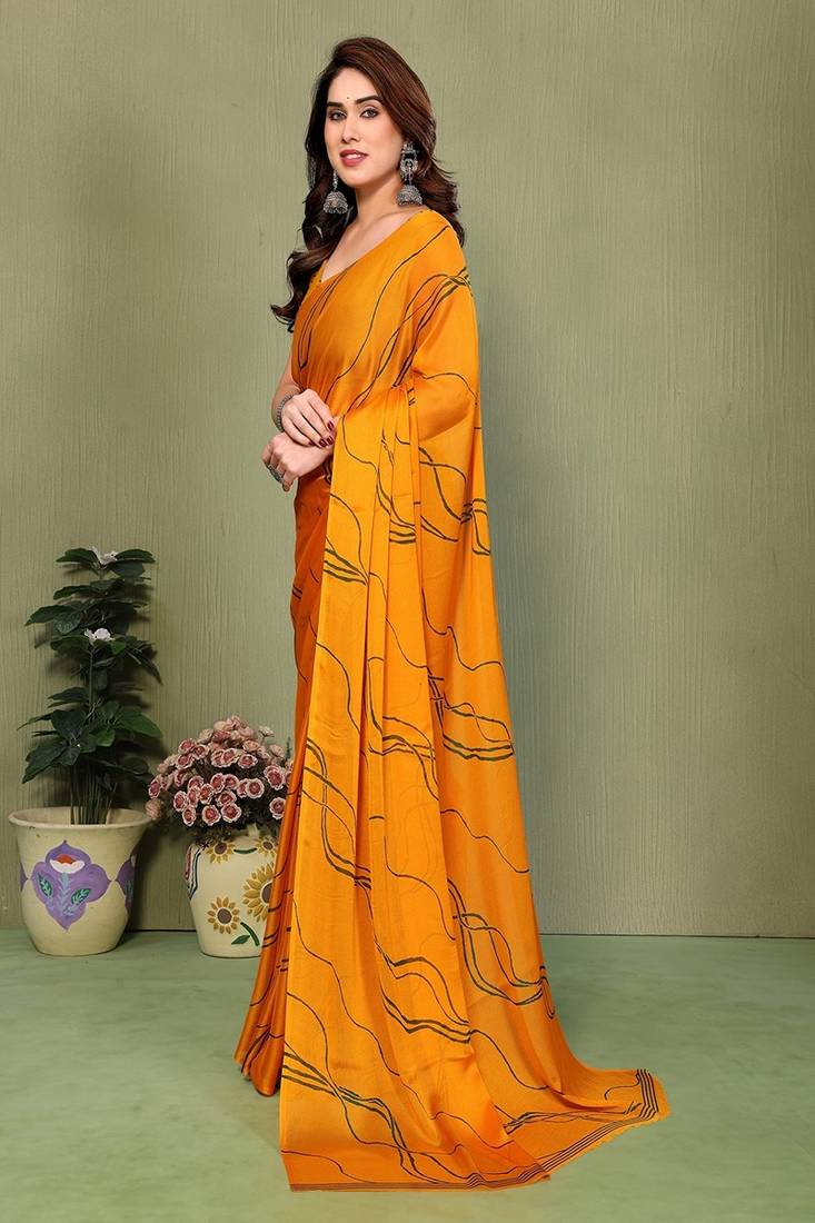 yellow printed striped leheria chiffon, georgette saree with blouse 