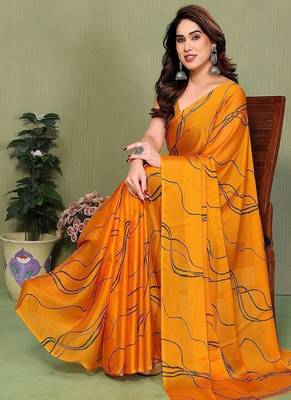 yellow printed striped leheria chiffon, georgette saree with blouse  4